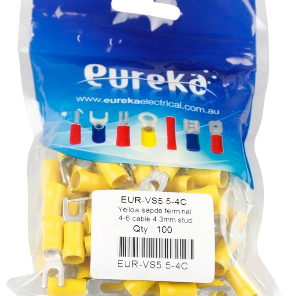 Spade Ter Yellow 2.5-6.0mm  4mm Stud 48A 100 PKT